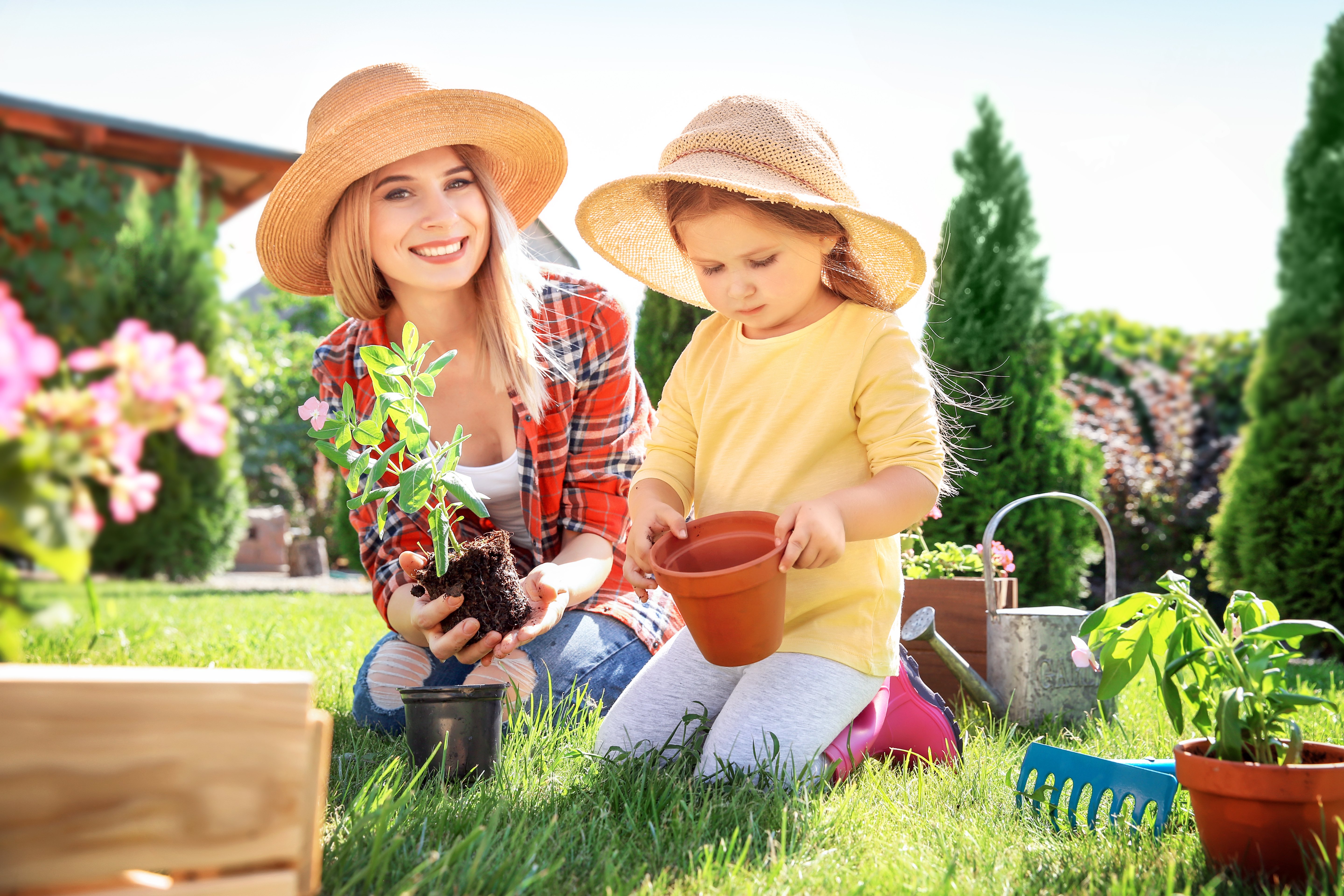 mom and daughter gardening
