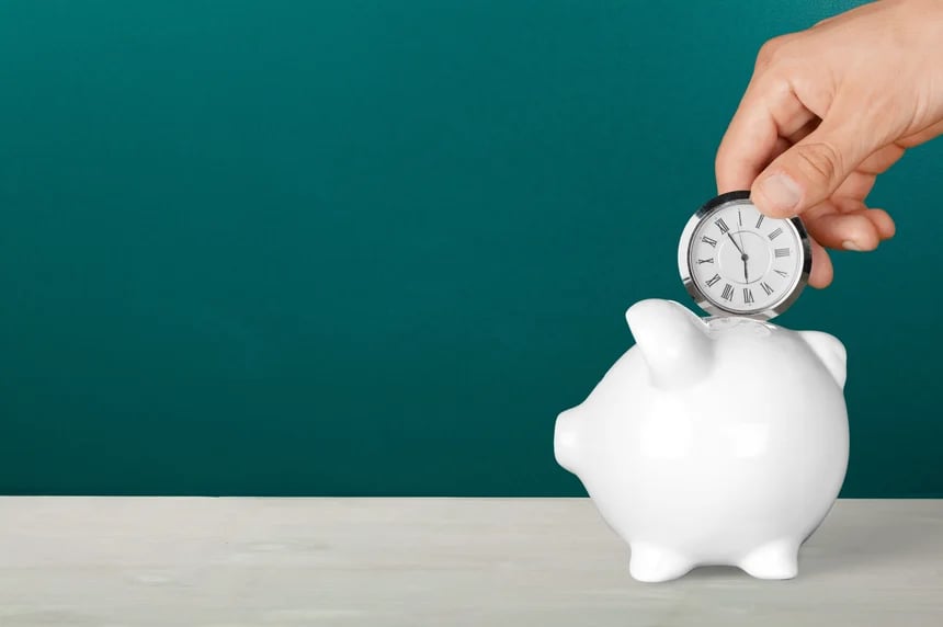 A flexible certificate of deposit account concept with a watch and piggy bank.