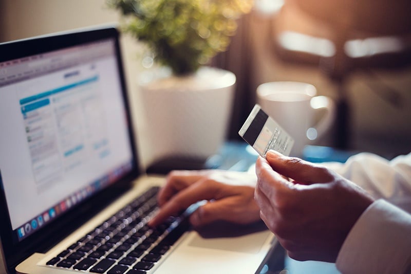 Hand holding credit card and typing on computer