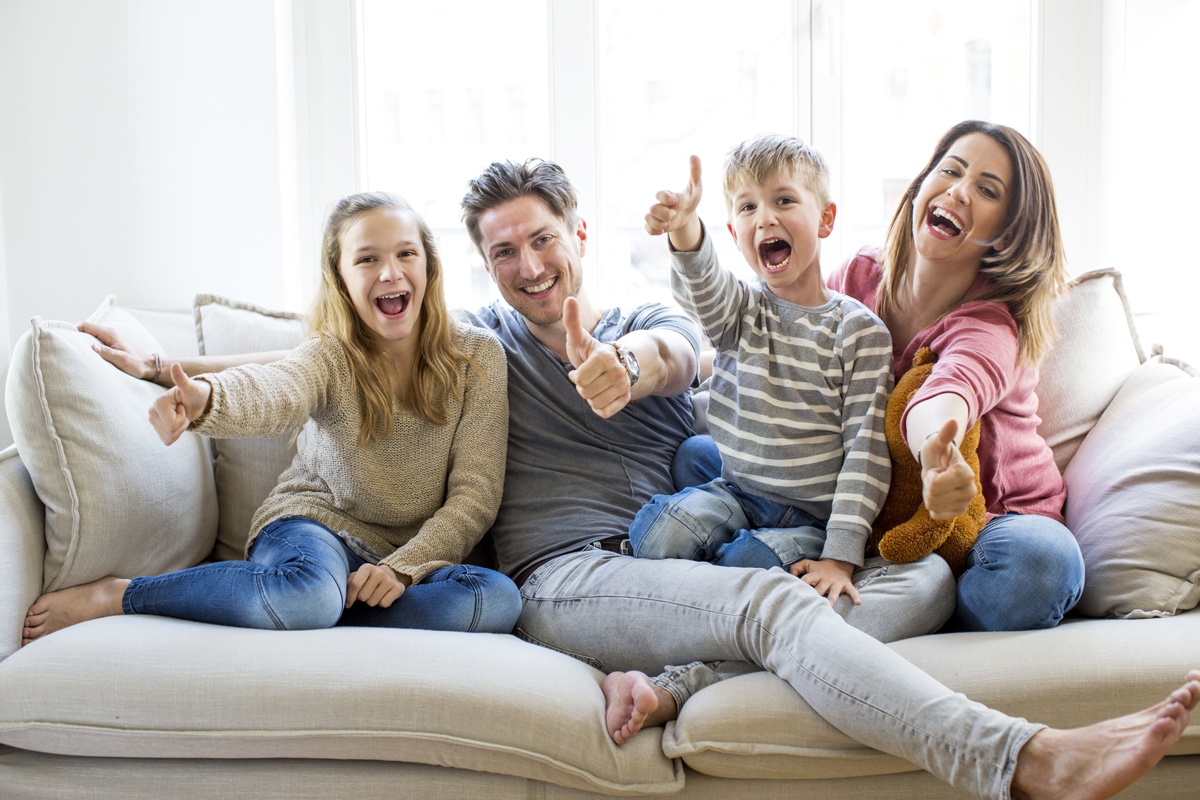 happy family on couch