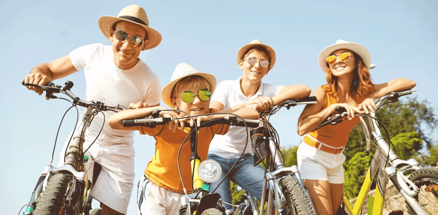 family riding bikes