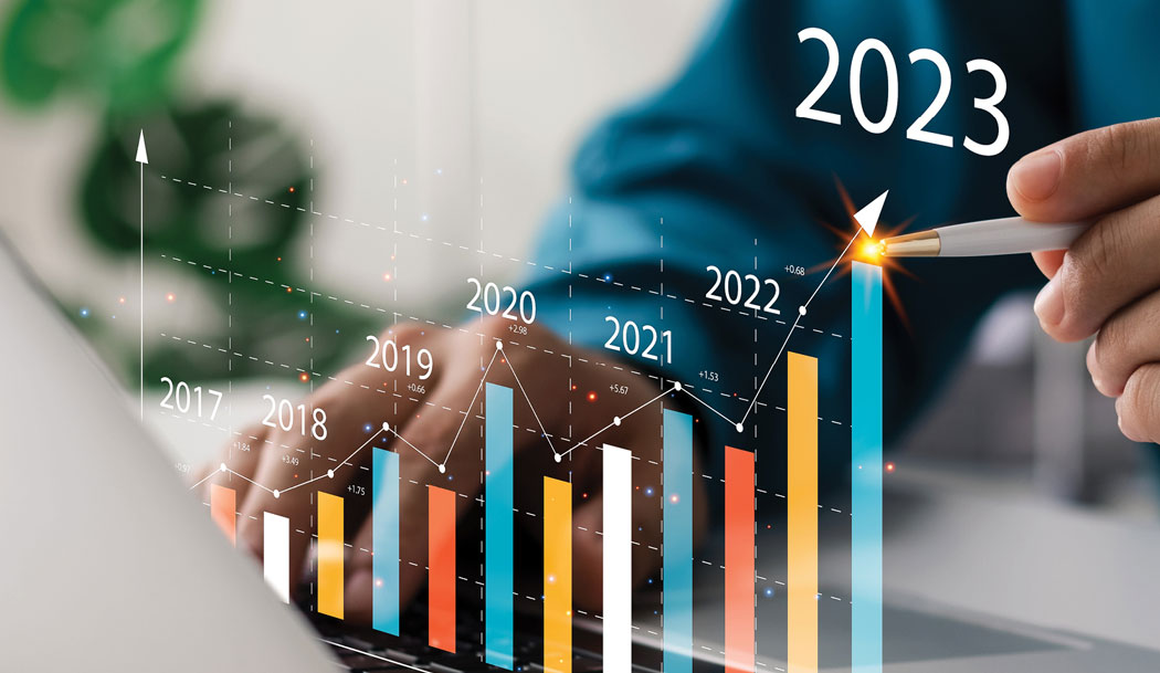 graph with years starting at 2017 up to 2023. upwards trend and arrow are reaching 2023 for new years workplace goals