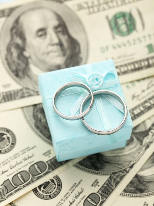 Wedding rings on top of dollar bills