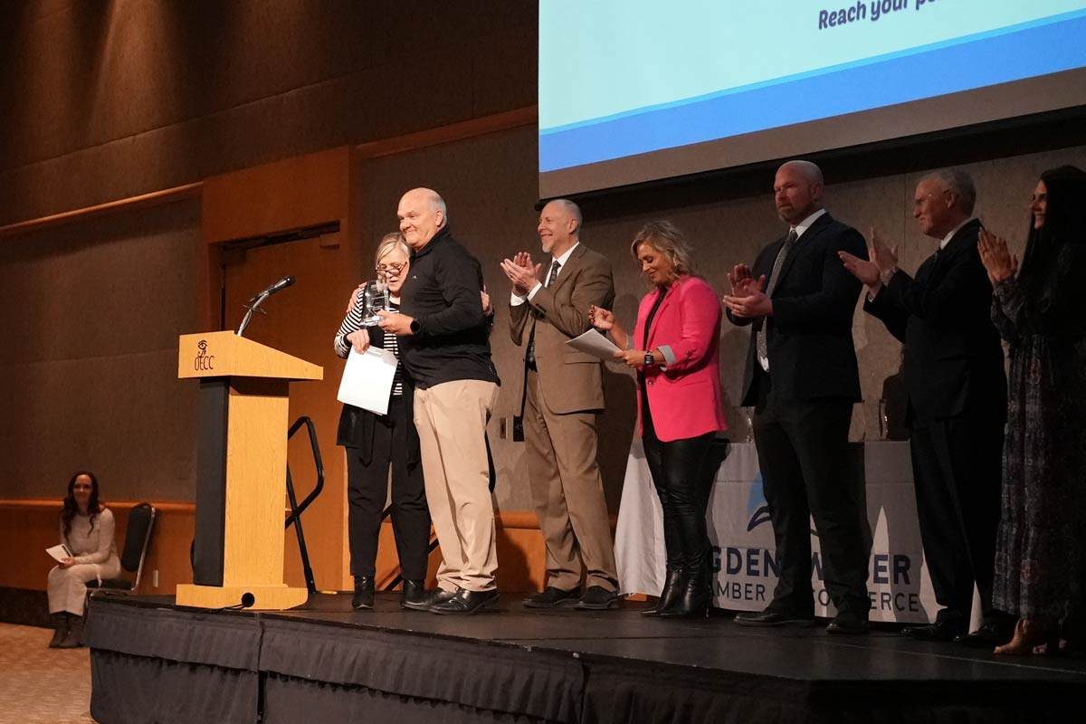 Wasatch Peaks CEO Jeff Shaw receiving the Partners in Education Award from the Ogden-Weber Chamber of Commerce