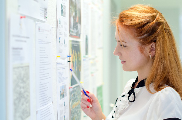 Woman looking at a post board